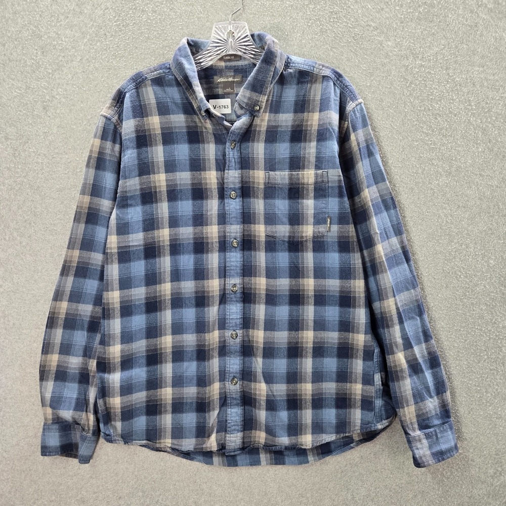 Eddie Bauer Men Button Up Shirt Large Blue Plaid Flannel Pocket Collar